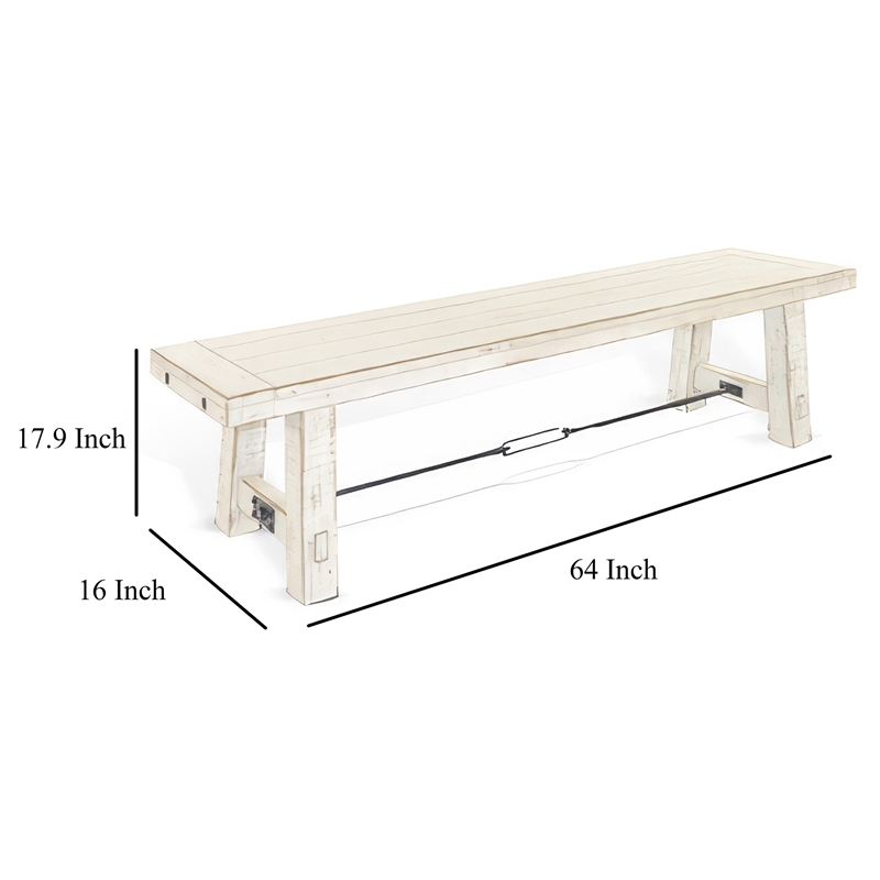 Rena Dining Bench- Turnbuckle Accent- 64 Inch White Mahogany Wood
