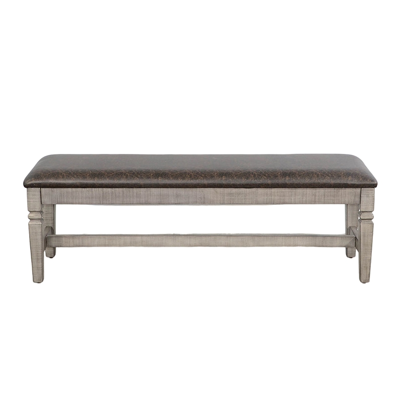 Camie Dining Bench- 56 Inch Faux Leather Seat- Gray Mahogany Wood