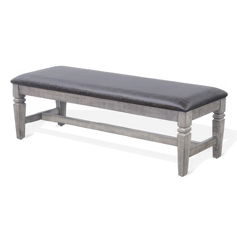 Camie Dining Bench- 56 Inch Faux Leather Seat- Gray Mahogany Wood