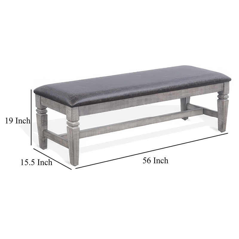 Camie Dining Bench- 56 Inch Faux Leather Seat- Gray Mahogany Wood