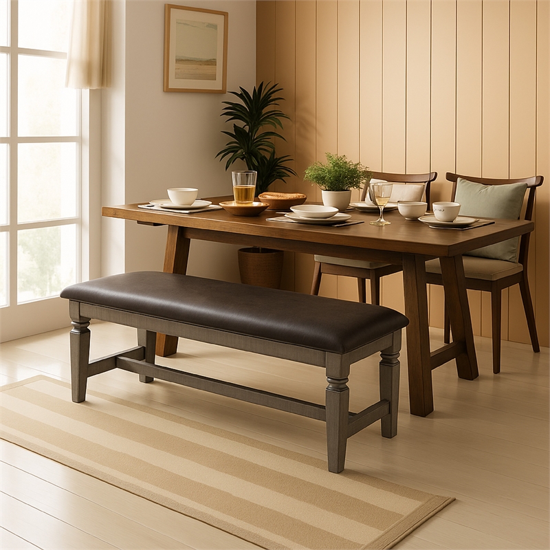 Camie Dining Bench- 56 Inch Faux Leather Seat- Gray Mahogany Wood