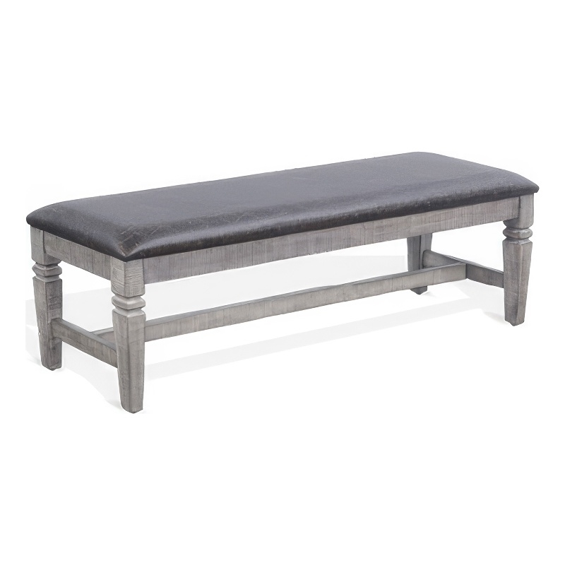 Camie Dining Bench- 56 Inch Faux Leather Seat- Gray Mahogany Wood