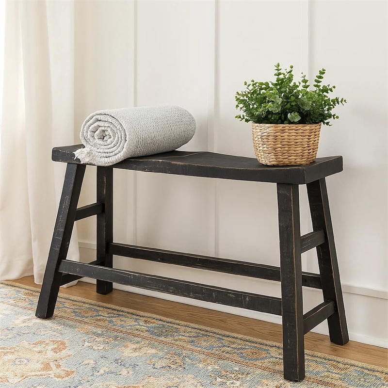 Rena Counter Height Bench- 33 Inch Rustic Black Mahogany Wood Frame