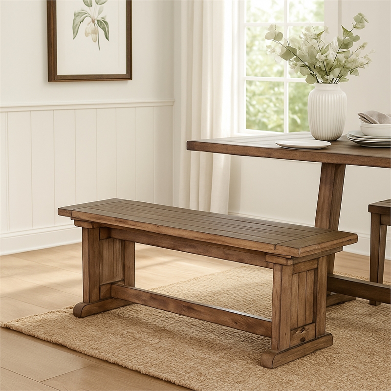 Yael Side Dining Bench- Plank Seat- Light Brown Mahogany Wood 48 Inch