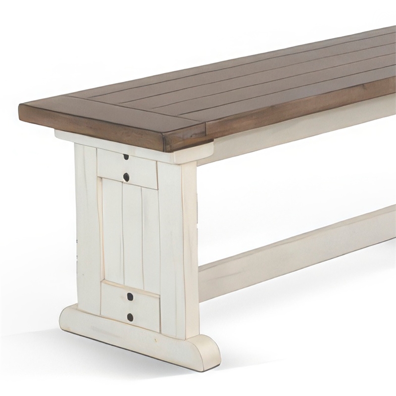 Dean Side Dining Bench- Plank Style Seat- Off White and Brown 48 Inch