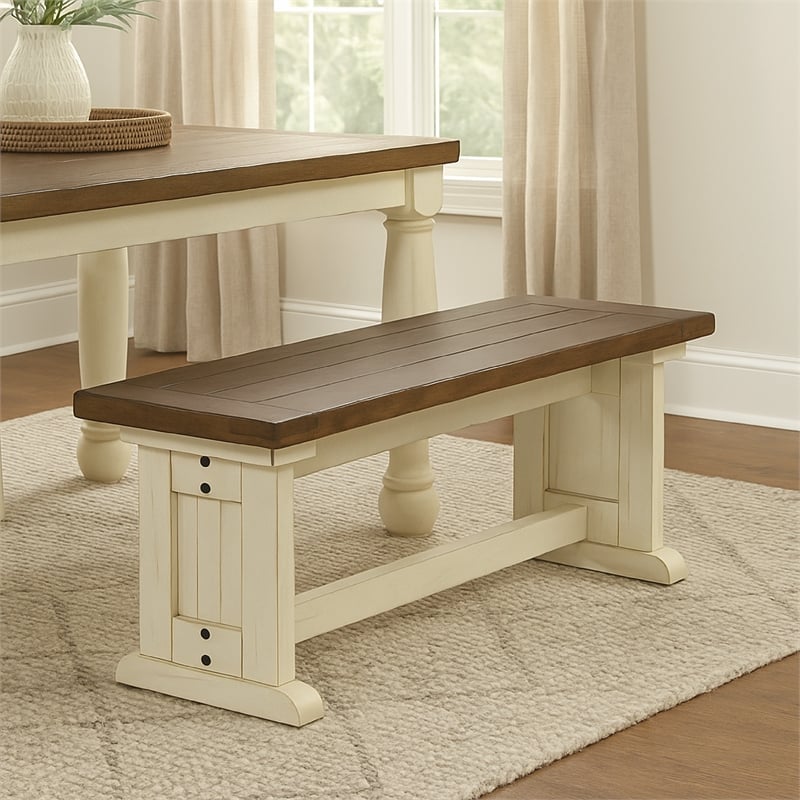 Dean Side Dining Bench- Plank Style Seat- Off White and Brown 48 Inch