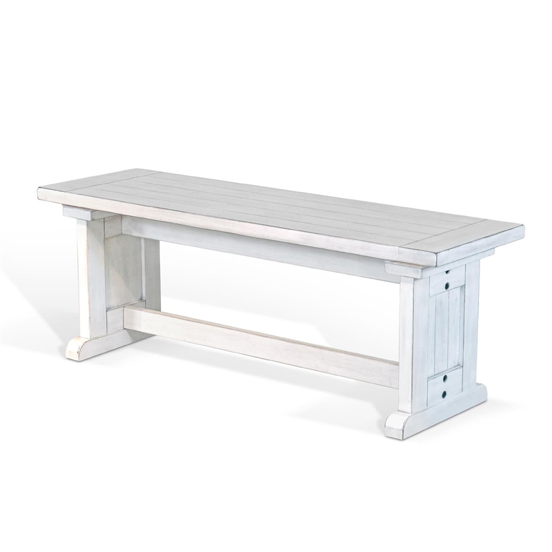 Sime Side Dining Bench- Plank Style- Off White Mahogany Wood 48 Inch
