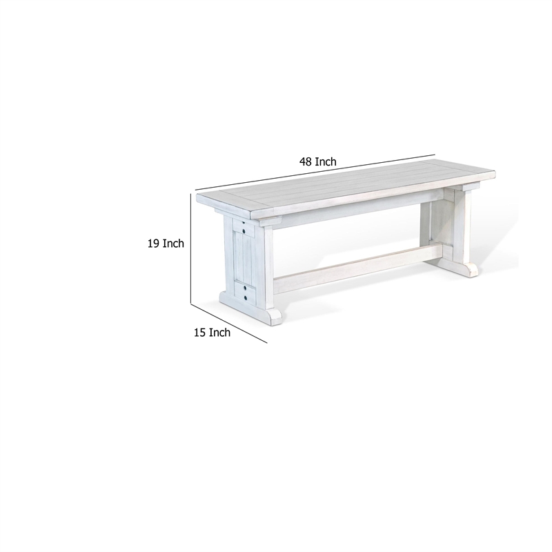 Sime Side Dining Bench- Plank Style- Off White Mahogany Wood 48 Inch
