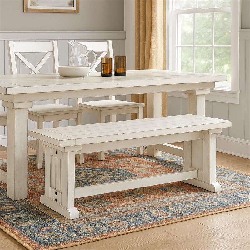 Sime Side Dining Bench- Plank Style- Off White Mahogany Wood 48 Inch