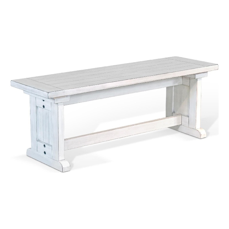 Sime Side Dining Bench- Plank Style- Off White Mahogany Wood 48 Inch