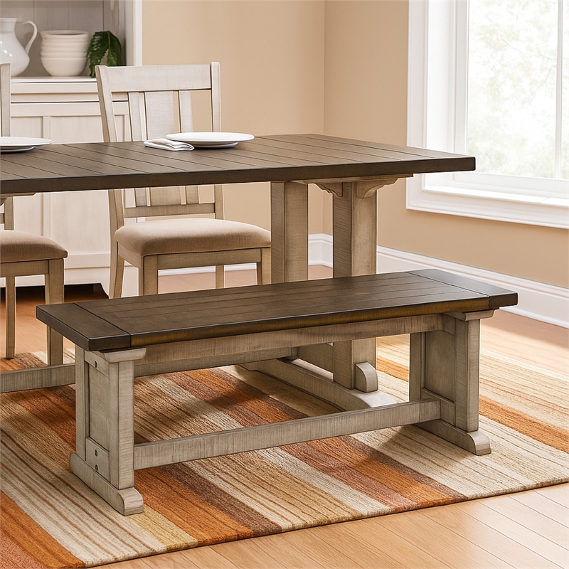 Camie Side Dining Bench- Plank Dark Brown Gray Mahogany Wood 48 Inch