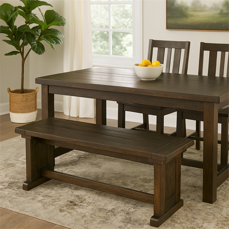 Camie Side Dining Bench- Plank Seat- Dark Brown Mahogany Wood 48 Inch