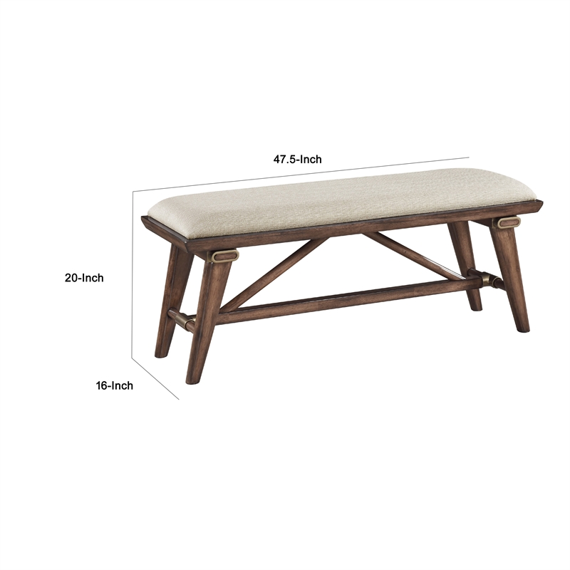 Manny Bench with Brown Angled Legs- Cream Textured Polyester- 47 Inch