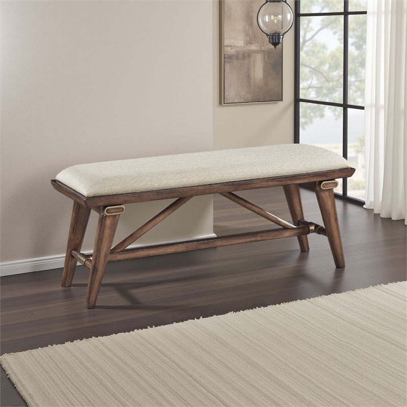 Manny Bench with Brown Angled Legs- Cream Textured Polyester- 47 Inch