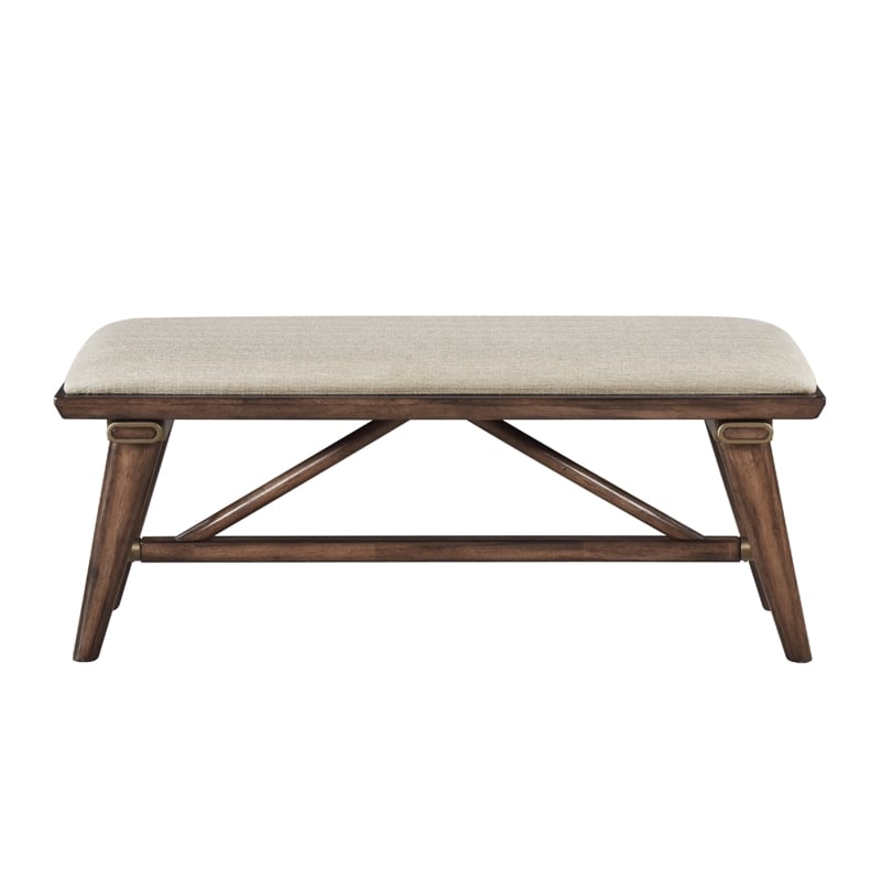 Manny Bench with Brown Angled Legs- Cream Textured Polyester- 47 Inch