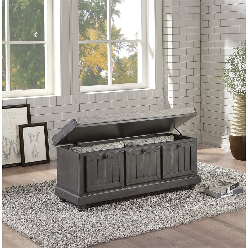 Wali 44 Inch Bench with Lift Top Storage- Plush Gray Cushioned Seat