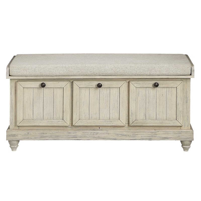 Wali 44 Inch Bench with Lift Top Storage- Cushioned Seat Antique White