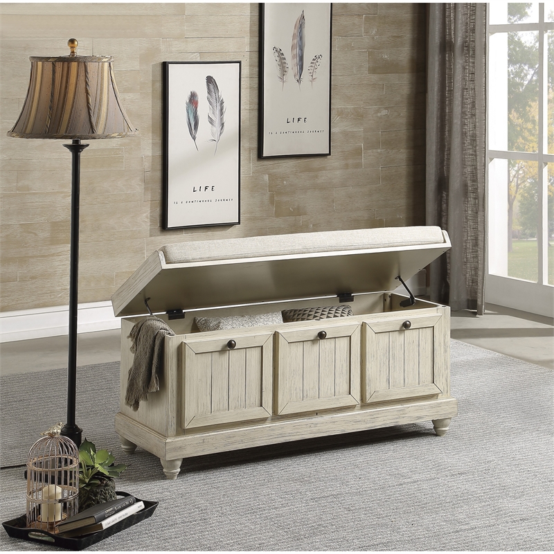 Wali 44 Inch Bench with Lift Top Storage- Cushioned Seat Antique White