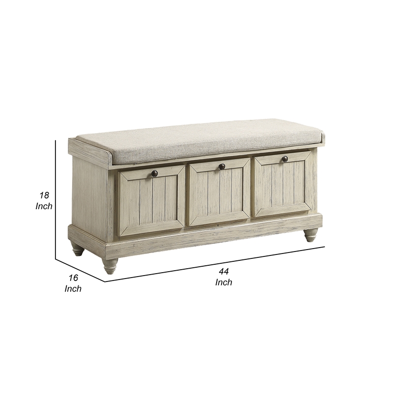 Wali 44 Inch Bench with Lift Top Storage- Cushioned Seat Antique White