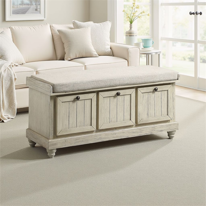 Wali 44 Inch Bench with Lift Top Storage- Cushioned Seat Antique White