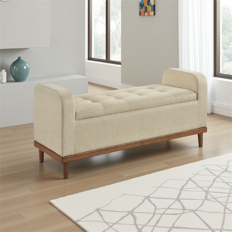 Bity Lift Top Storage Bench- Light Brown Textured Fabric- Wood 50 Inch