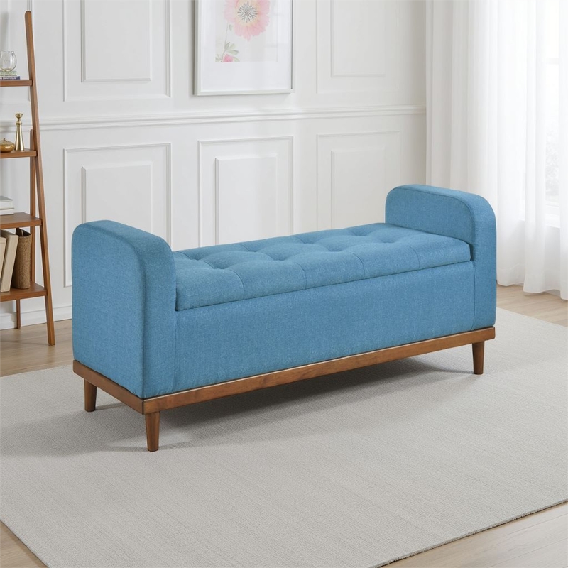 Bity Lift Top Storage Bench- Blue Textured Fabric- Wood Base- 50 Inch