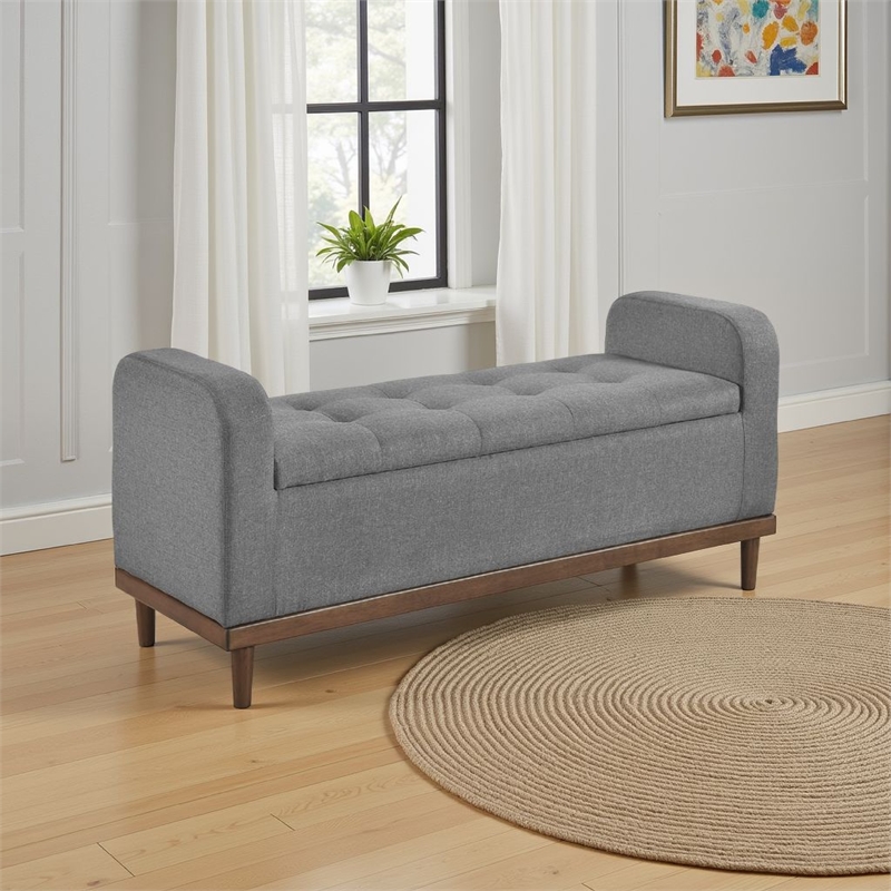 Bity Lift Top Storage Bench- Medium Gray Textured Fabric- Wood 50 Inch