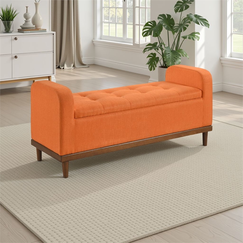 Bity Lift Top Storage Bench- Orange Textured Fabric- Wood Base 50 Inch
