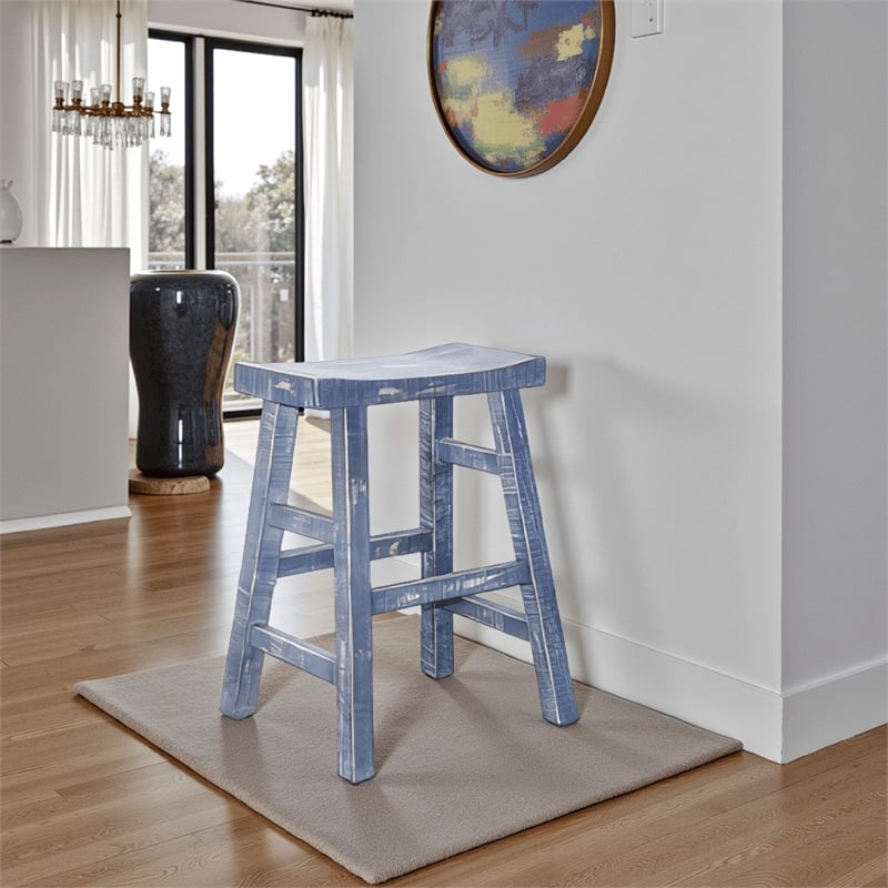 Rena Counter Stool Set of 2- Saddle Seat- Ocean Blue Mahogany Wood