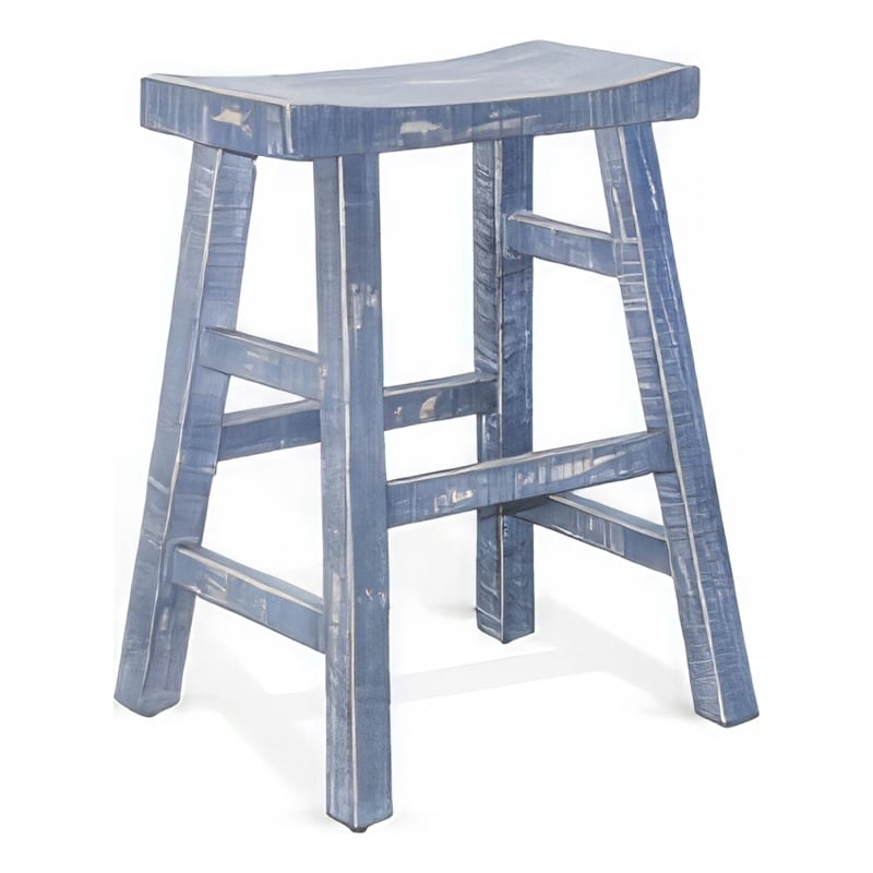 Rena Counter Stool Set of 2- Saddle Seat- Ocean Blue Mahogany Wood
