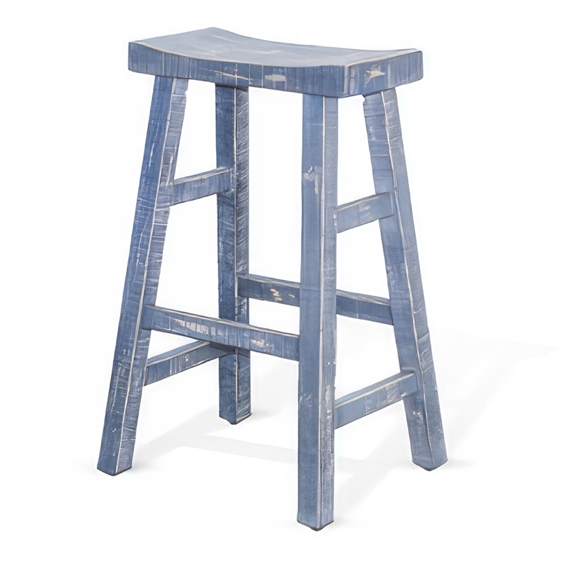 Rena Barstool Set of 2- Saddle Style Seat- Ocean Blue Mahogany Wood