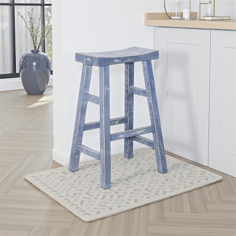 Rena Barstool Set of 2- Saddle Style Seat- Ocean Blue Mahogany Wood