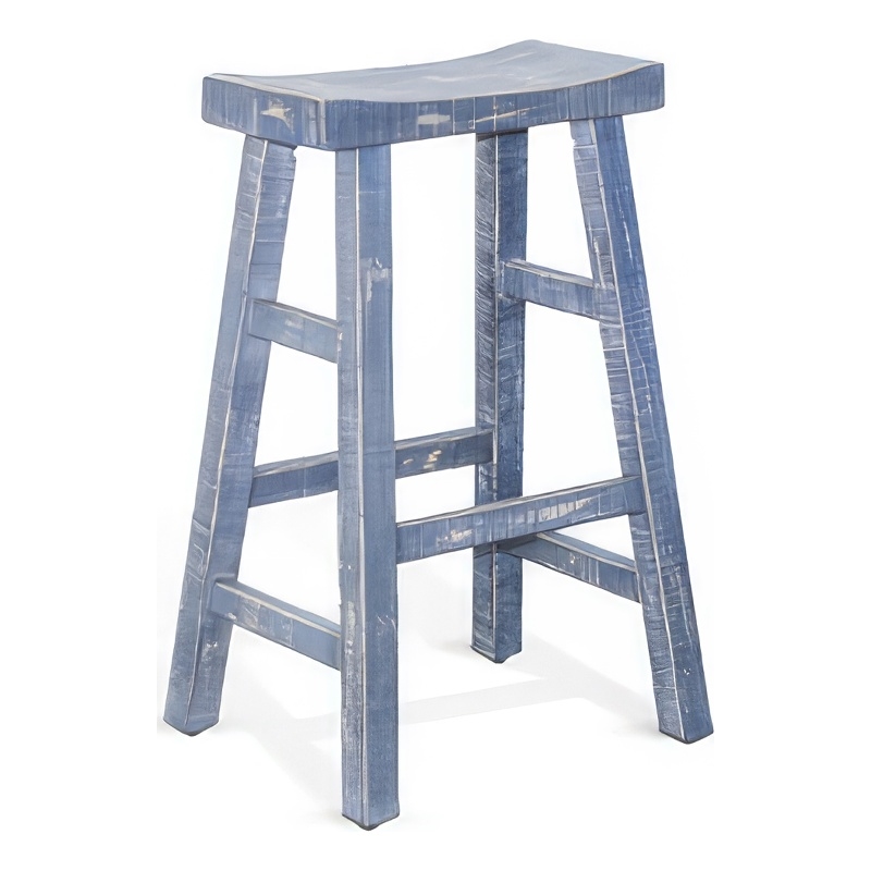 Rena Barstool Set of 2- Saddle Style Seat- Ocean Blue Mahogany Wood