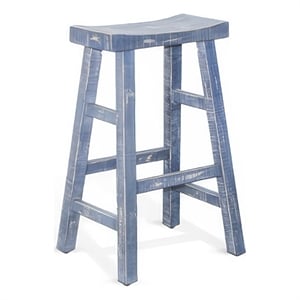 Rena Barstool Set of 2- Saddle Style Seat- Ocean Blue Mahogany Wood