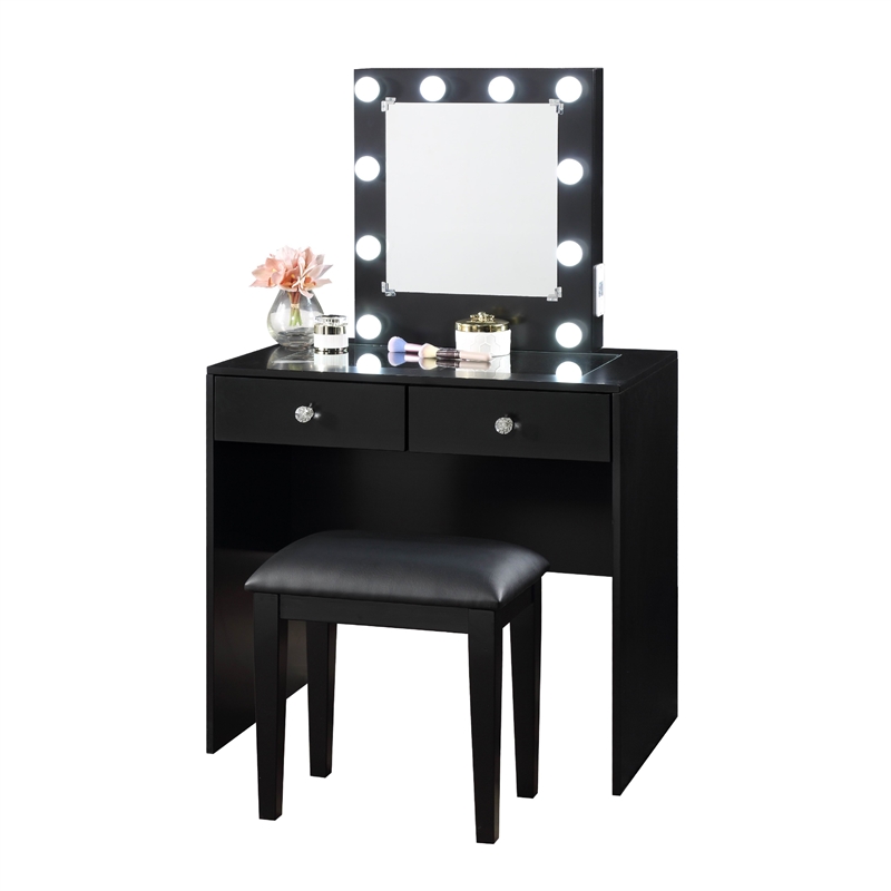 Hudi Makeup Vanity and Stool Set- 10 Lights- USB Power Outlet- Black