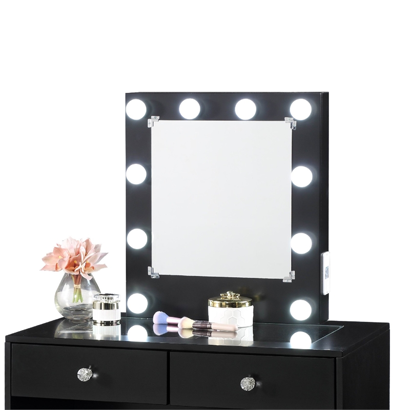 Hudi Makeup Vanity and Stool Set- 10 Lights- USB Power Outlet- Black