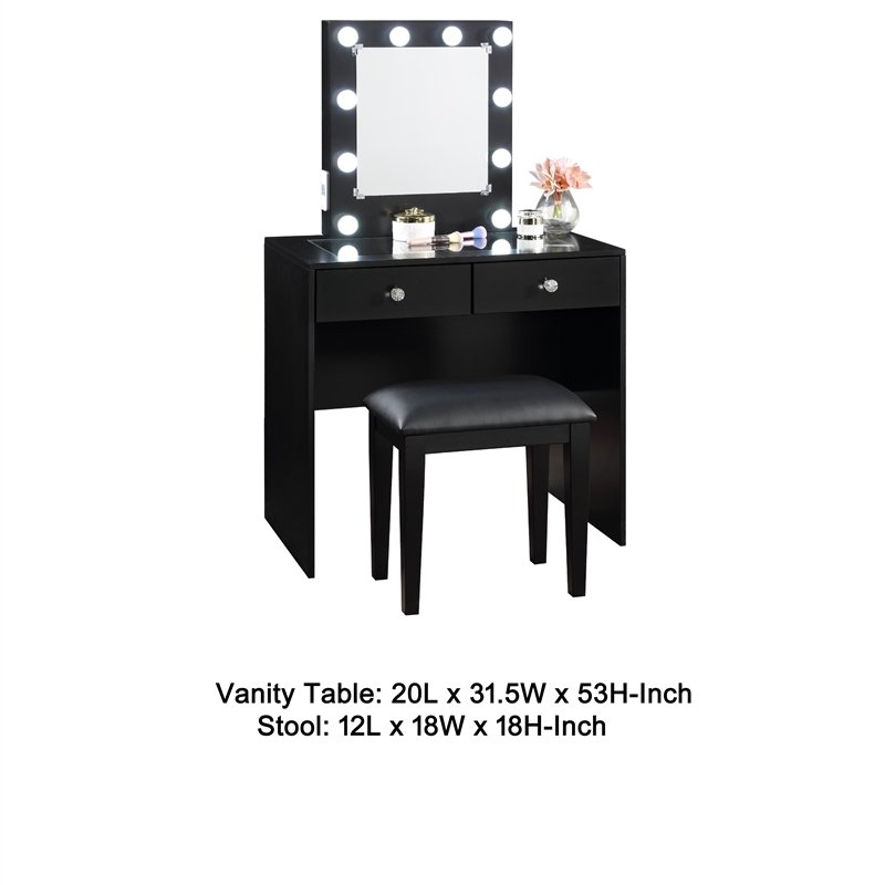 Hudi Makeup Vanity and Stool Set- 10 Lights- USB Power Outlet- Black