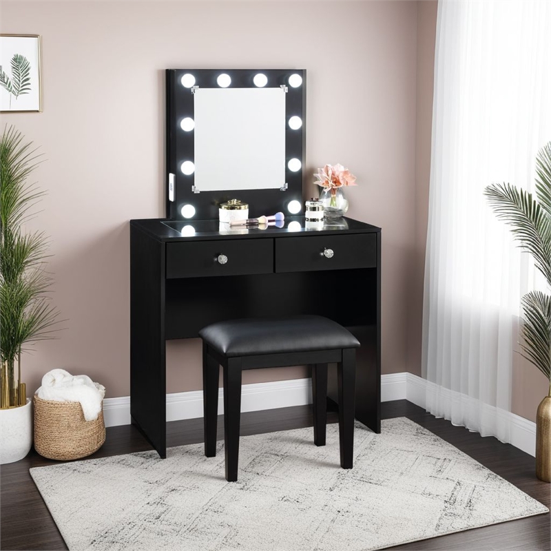 Hudi Makeup Vanity and Stool Set- 10 Lights- USB Power Outlet- Black