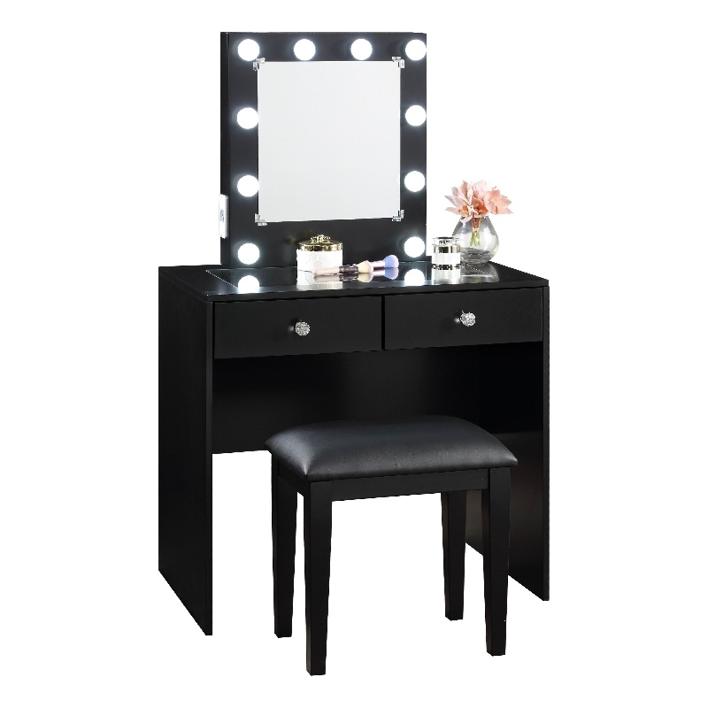 Hudi Makeup Vanity and Stool Set- 10 Lights- USB Power Outlet- Black