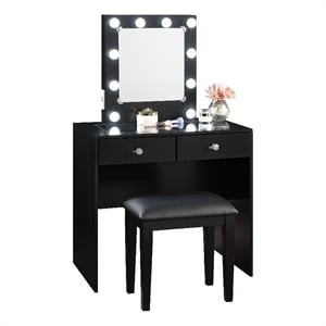Hudi Makeup Vanity and Stool Set- 10 Lights- USB Power Outlet- Black