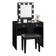 Hudi Makeup Vanity and Stool Set- 10 Lights- USB Power Outlet- Black