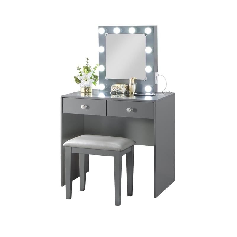 Hudi Makeup Vanity and Stool Set- 10 Lights- USB Power Outlet- Gray