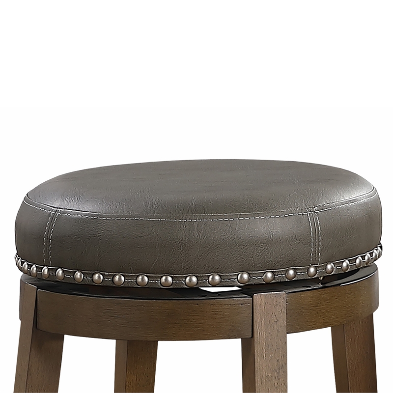 Bara 20 Inch Swivel Dining Stool- Gray Round Faux Leather- Set of 2- Brown