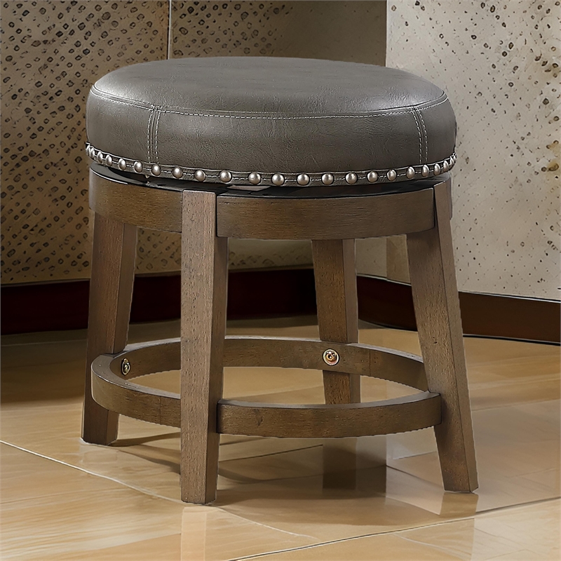 Bara 20 Inch Swivel Dining Stool- Gray Round Faux Leather- Set of 2- Brown