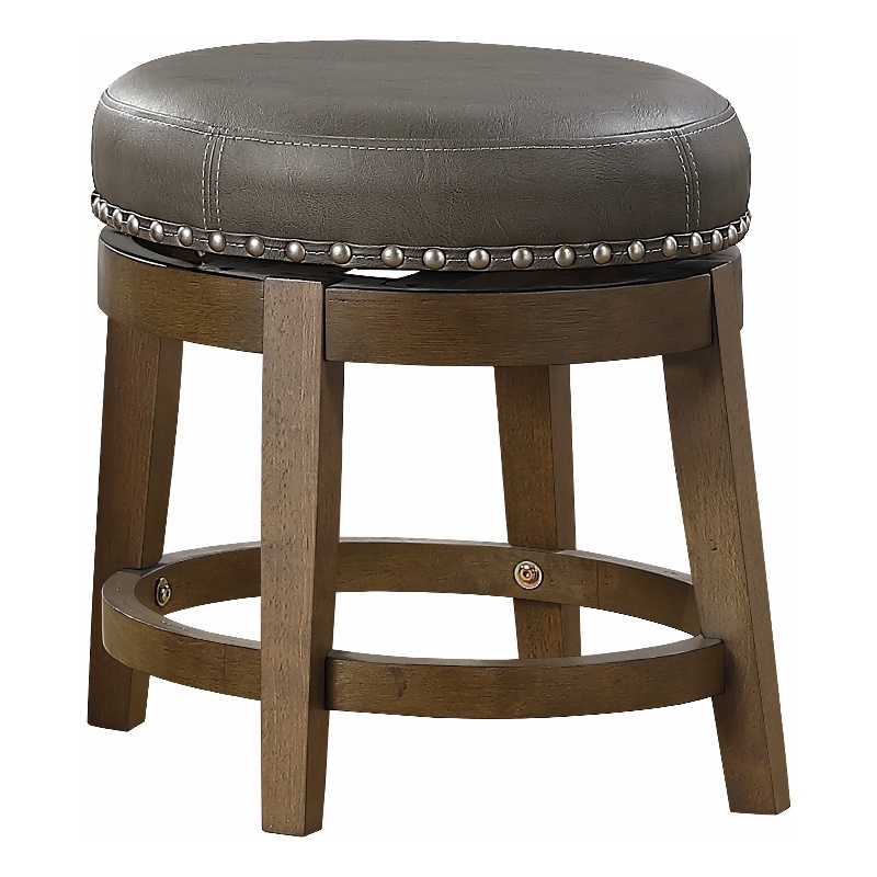Bara 20 Inch Swivel Dining Stool- Gray Round Faux Leather- Set of 2- Brown