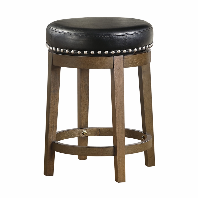 Bara 25 Inch Swivel Counter Stool- Black Round Faux Leather- Brown- Set of 2