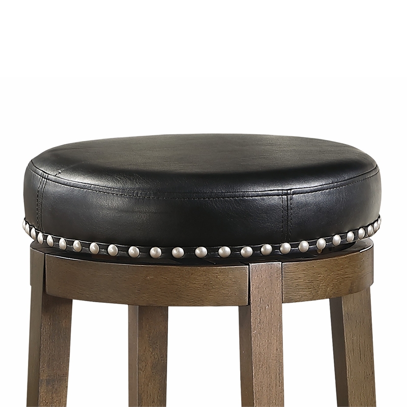 Bara 25 Inch Swivel Counter Stool- Black Round Faux Leather- Brown- Set of 2