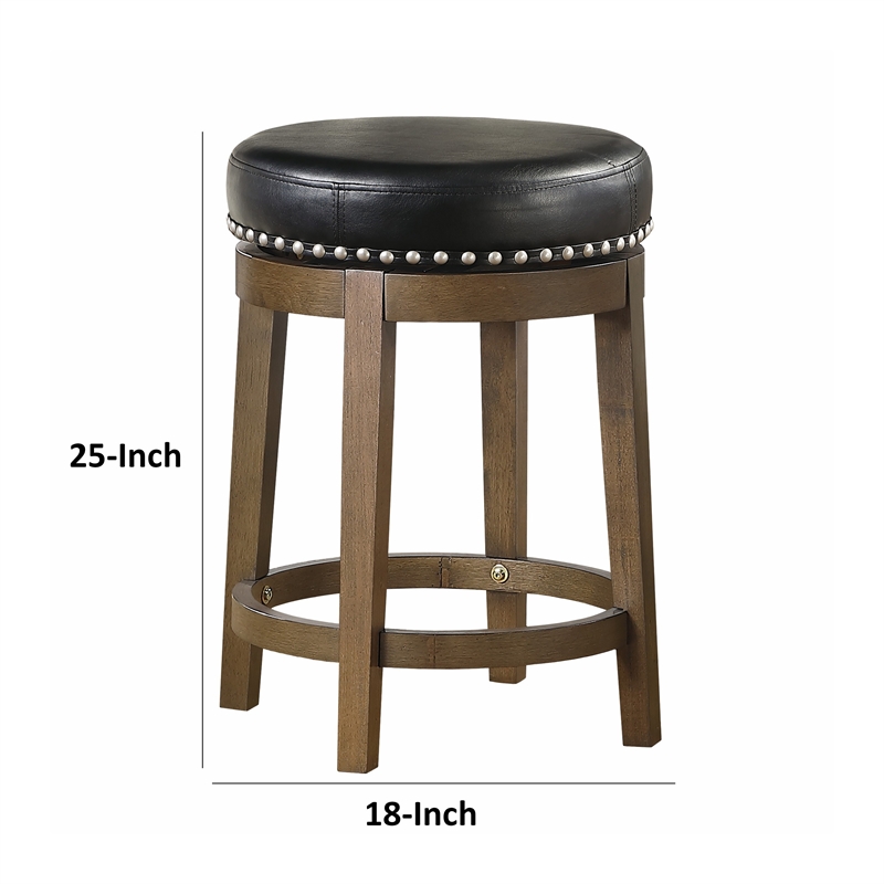 Bara 25 Inch Swivel Counter Stool- Black Round Faux Leather- Brown- Set of 2