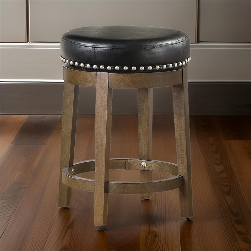 Bara 25 Inch Swivel Counter Stool- Black Round Faux Leather- Brown- Set of 2