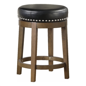 Bara 25 Inch Swivel Counter Stool- Black Round Faux Leather- Brown- Set of 2
